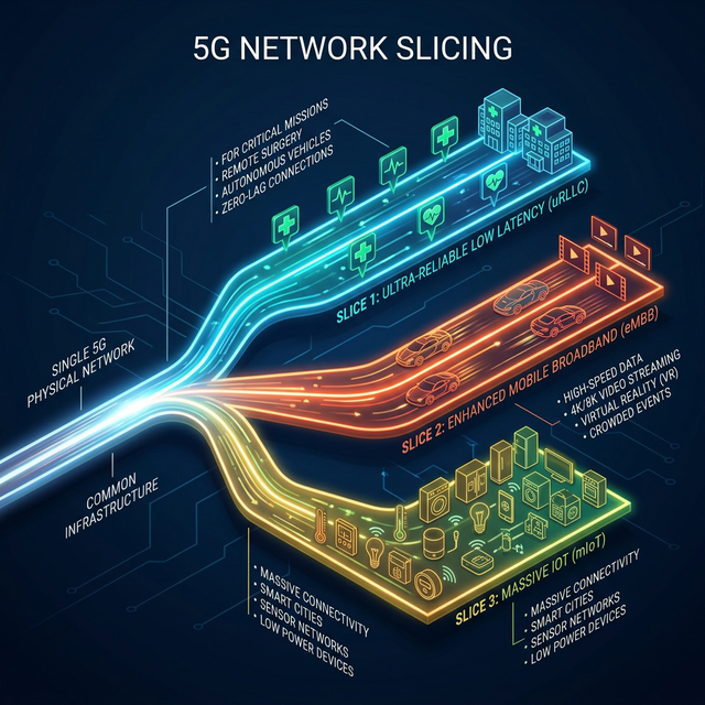 An infographic showing 5G network slicing dividing a digital highway into distinct lanes for medical IoT, high bandwidth video, and smart home devices