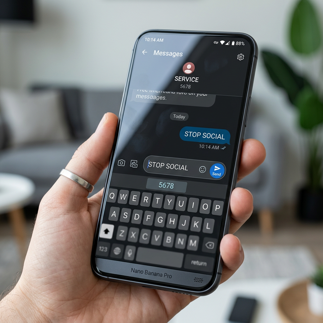 A close up of an SMS message reading STOP SOCIAL being sent from a smartphone