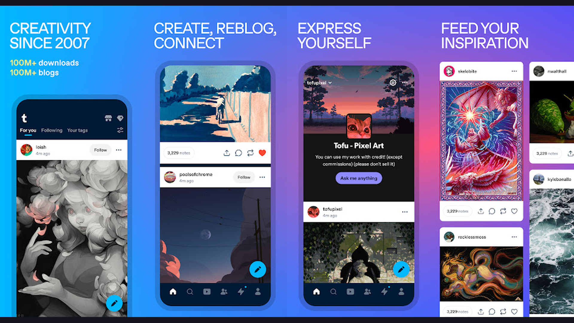 Tumblr app screenshots and features
