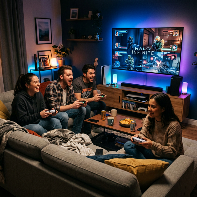 Friends playing cooperative video games together on couch