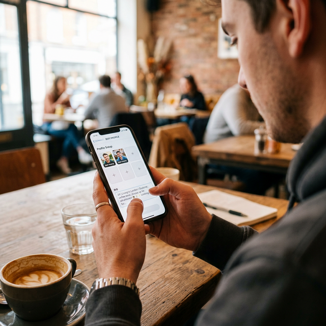 Man editing his dating app profile on smartphone at cafe