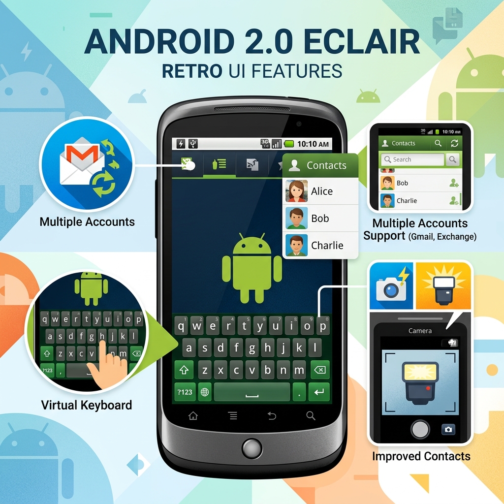 Android 2.0 Eclair key features including multiple accounts camera flash and virtual keyboard
