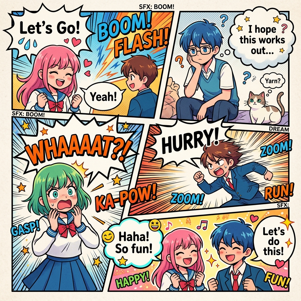 Manga speech bubble types including dialogue balloons thought bubbles and sound effects