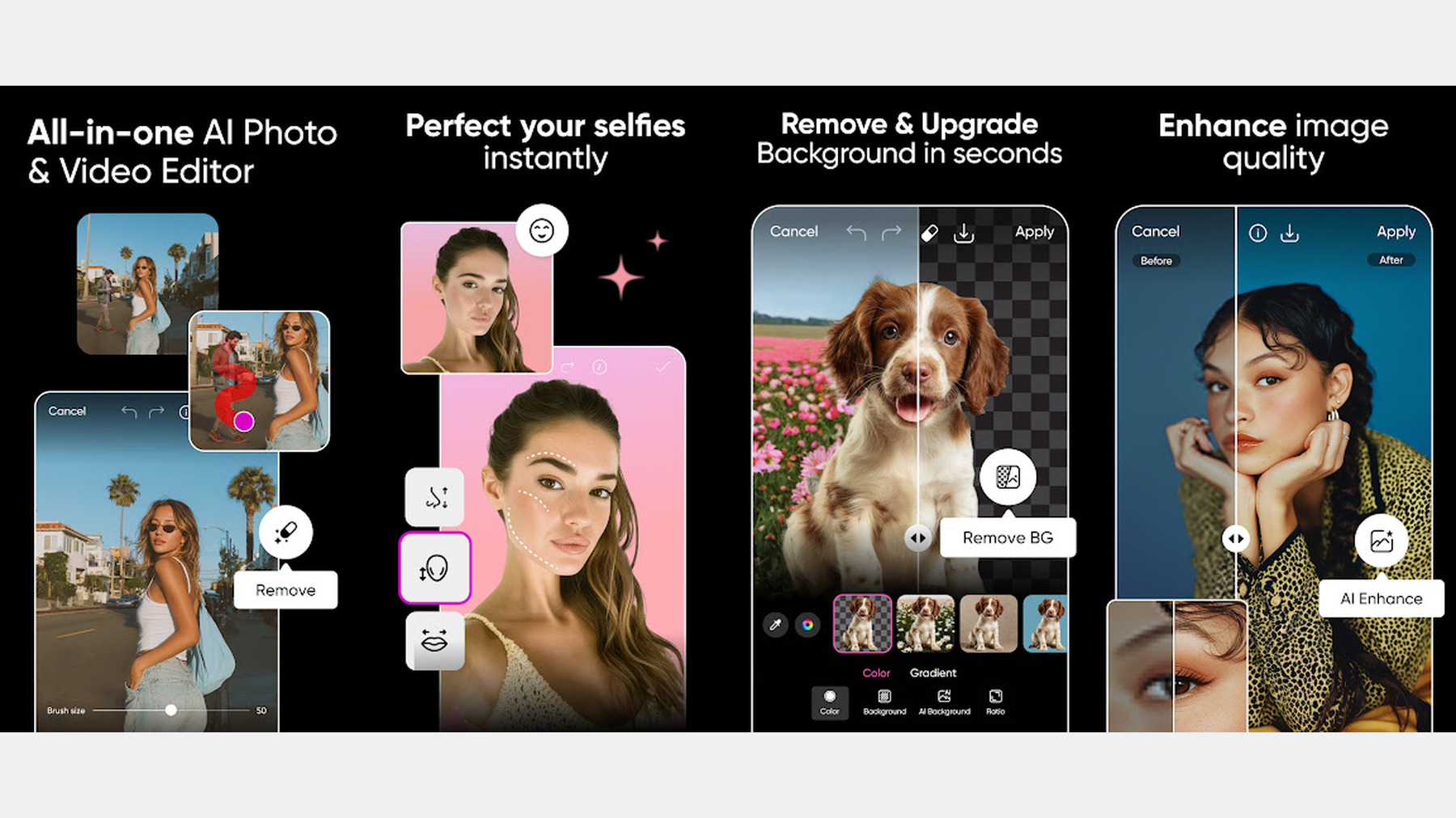 A collage of 16:9 screenshots showing the PicsArt user interface, specifically focusing on the AI editing sliders