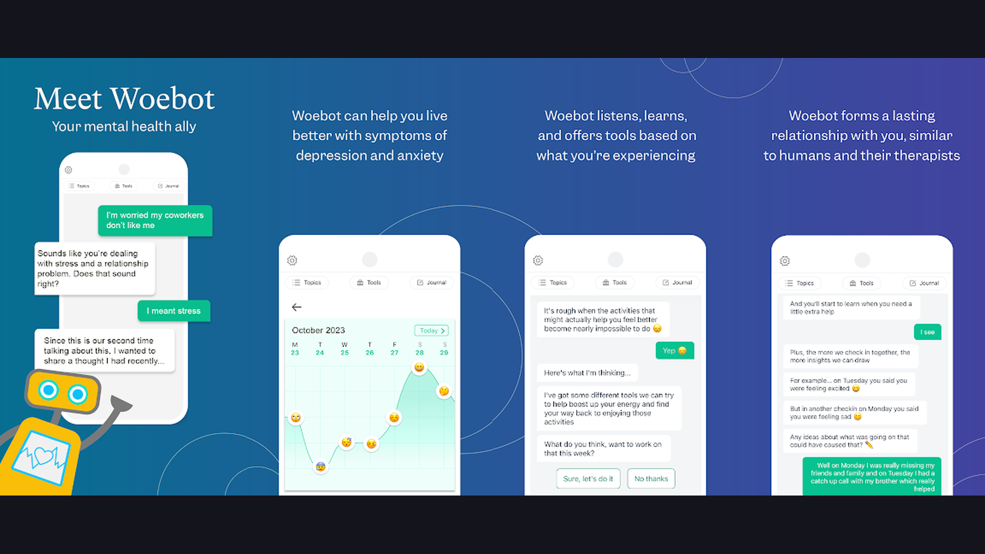 Woebot app screenshots for graduate students