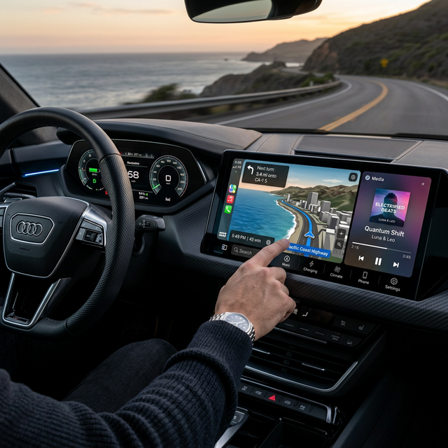 A driver interacting flawlessly with a massive, responsive 4K OLED central touchscreen in an electric car