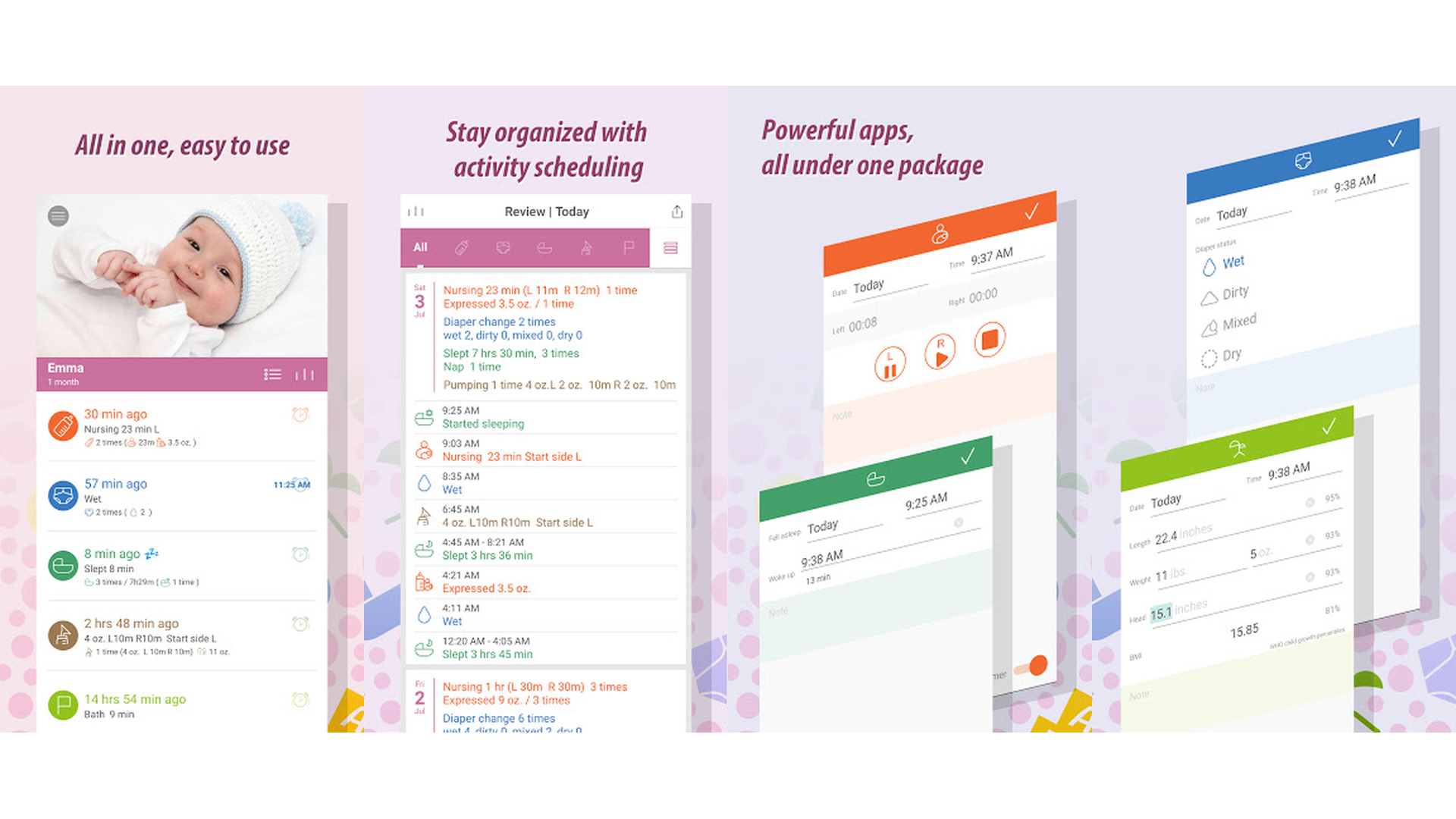 Baby Tracker Newborn Log app screenshots showing feeding and diaper tracking