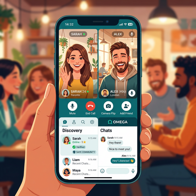 A 16:9 collage displaying the sleek interface and community matching features of the Omega mobile app