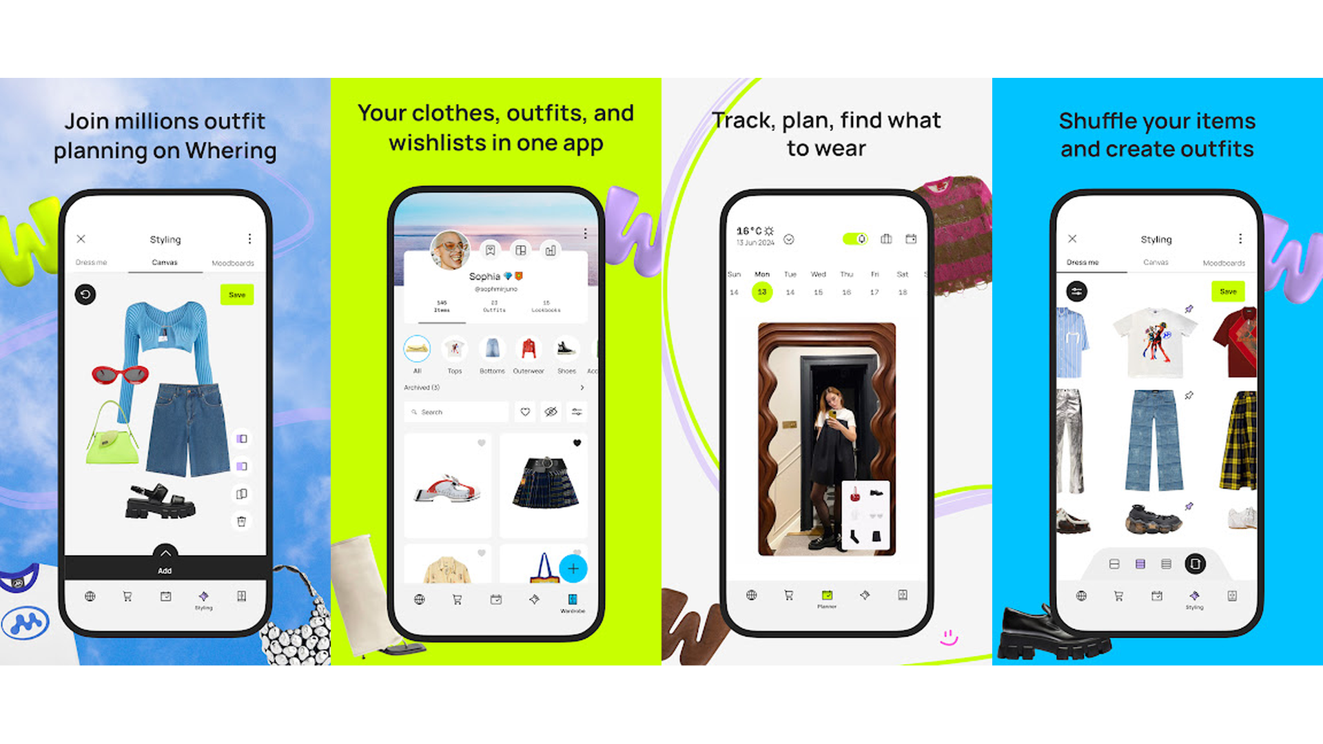 Whering Digital Closet Stylist app screenshots showing wardrobe management