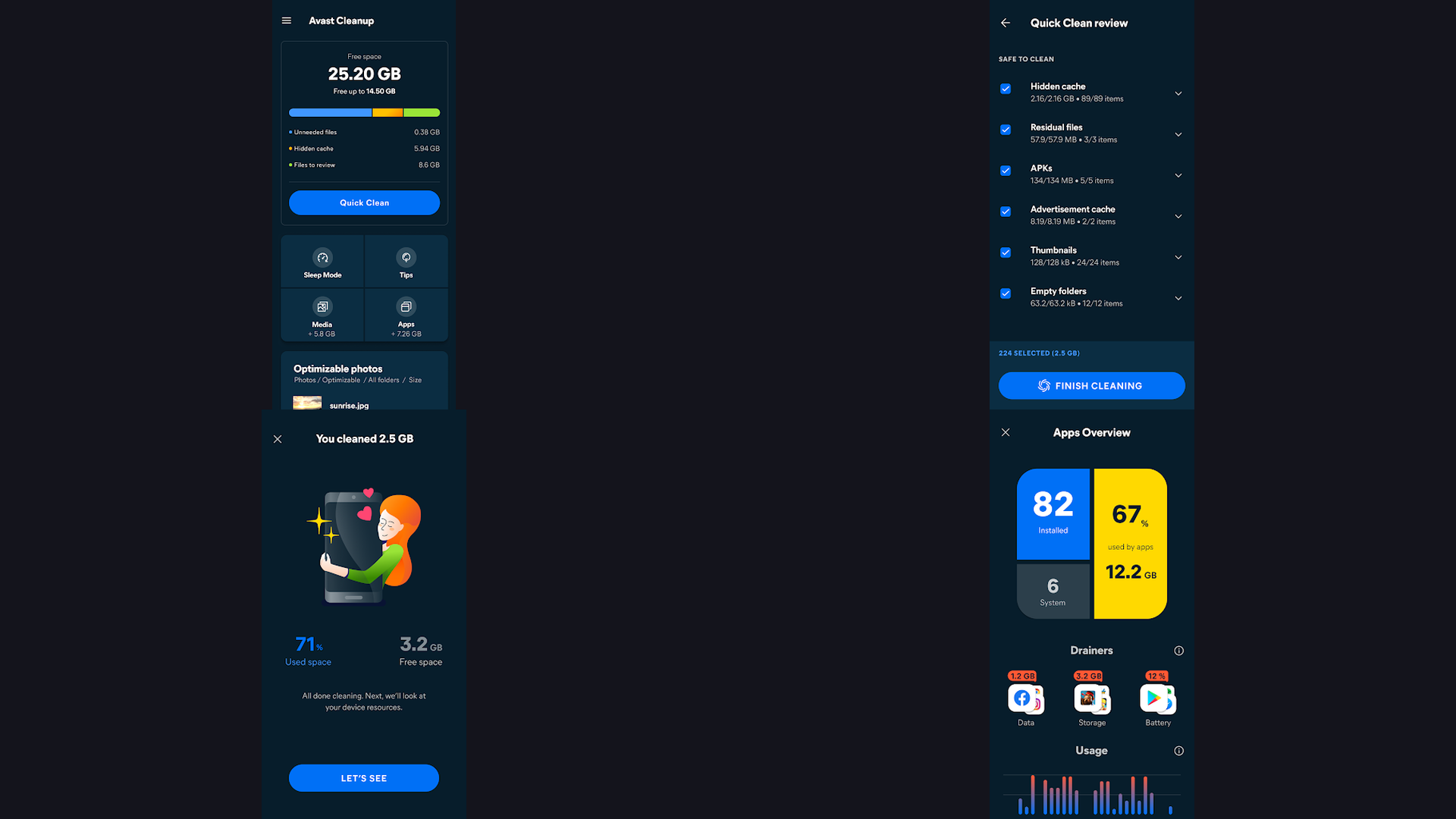 Avast Cleanup interface showing battery stats