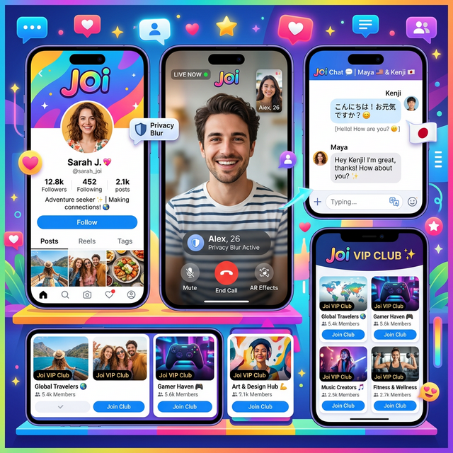 A 16:9 collage showing the Joi live video chat app interface, including live translation, privacy blurring, and user profiles