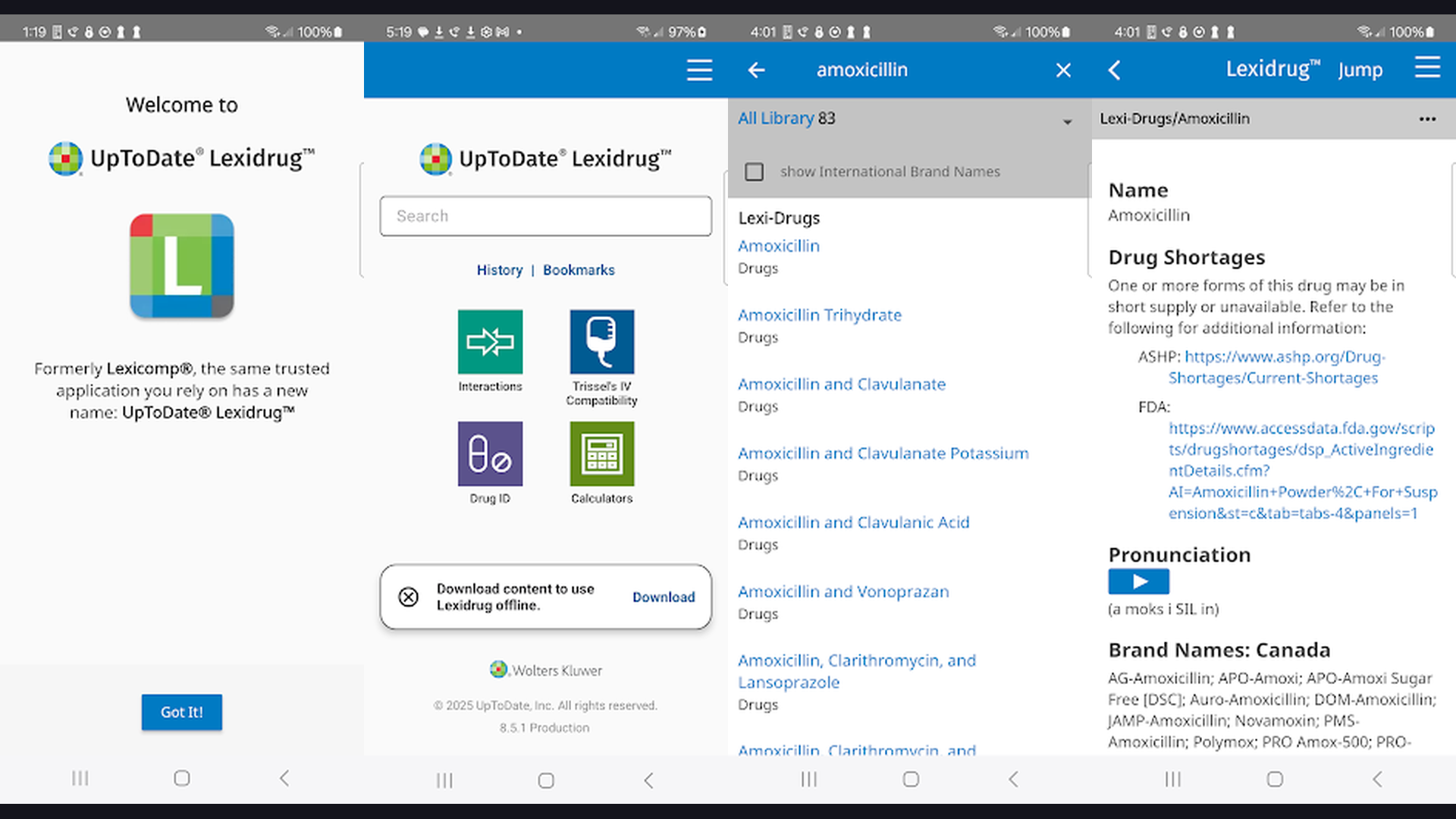 PEPID clinical reference app screenshots