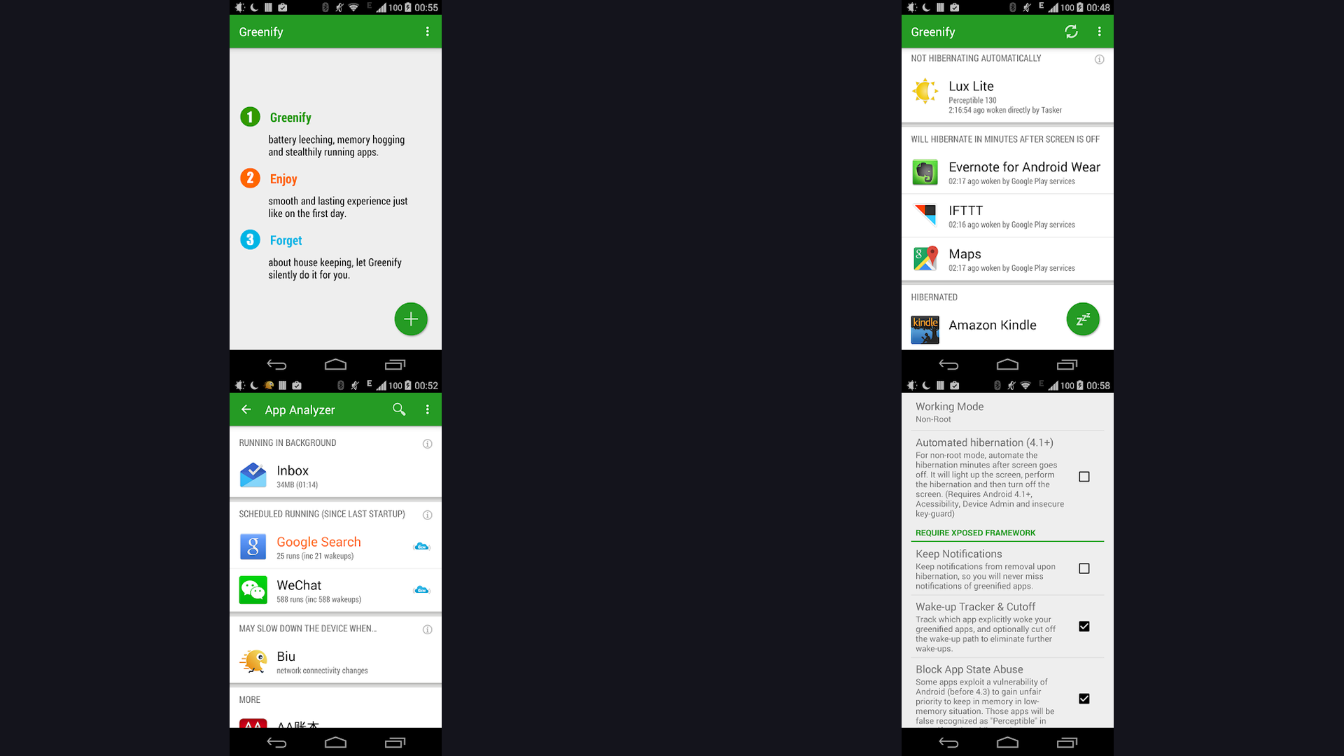 Greenify interface showing battery stats