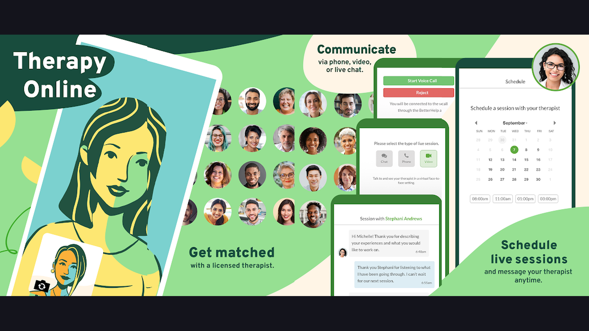 BetterHelp app screenshots for graduate students