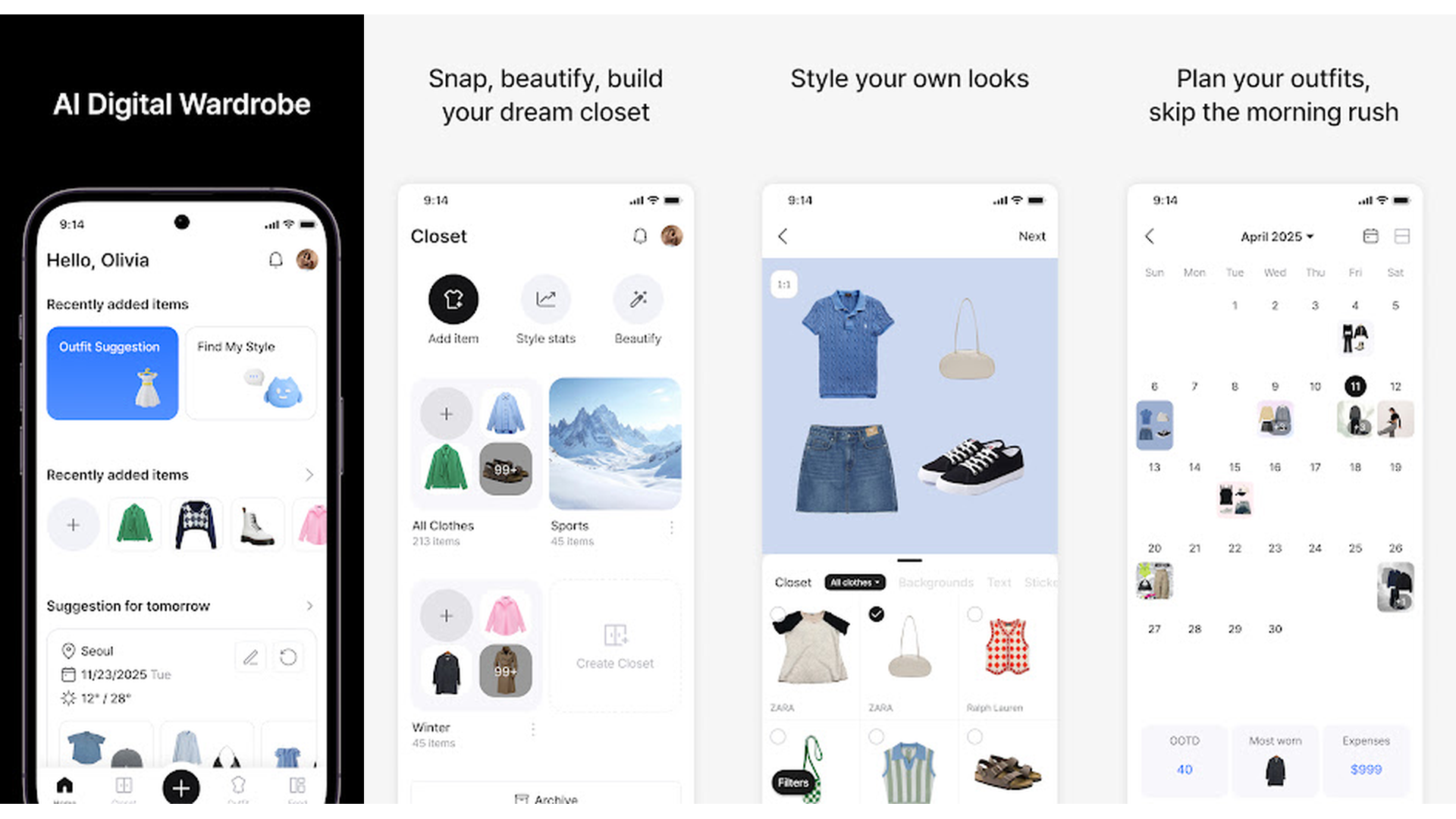 Acloset AI Fashion Assistant app screenshots showing digital wardrobe