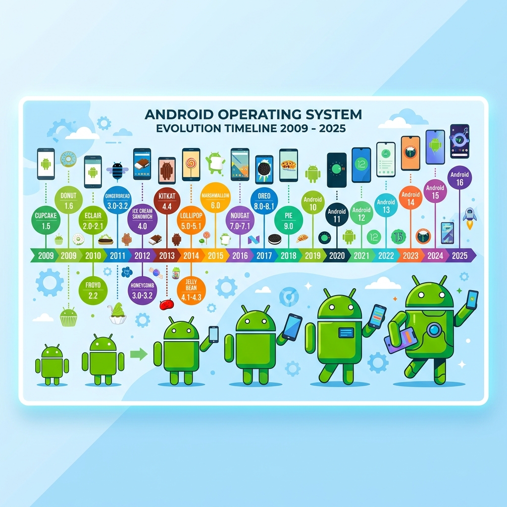Android version evolution timeline from Eclair 2.0 in 2009 to Android 15 in 2025