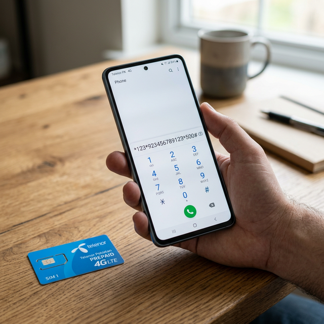 Smartphone showing USSD balance transfer code with Telenor SIM card