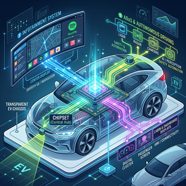 A modern Snapdragon 8295 microchip glowing inside the transparent chassis of an electric vehicle
