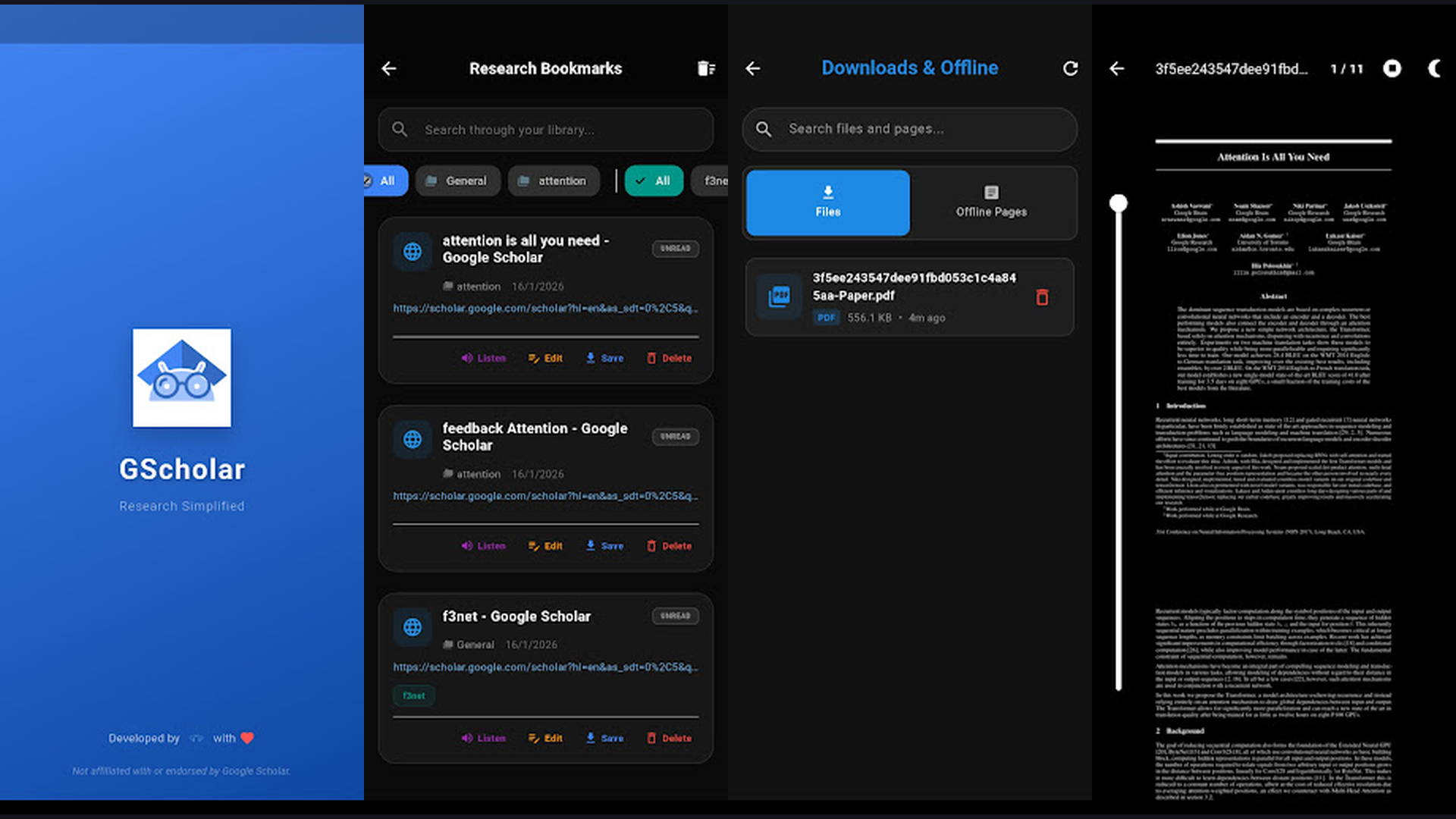 Google Scholar app screenshots for graduate students