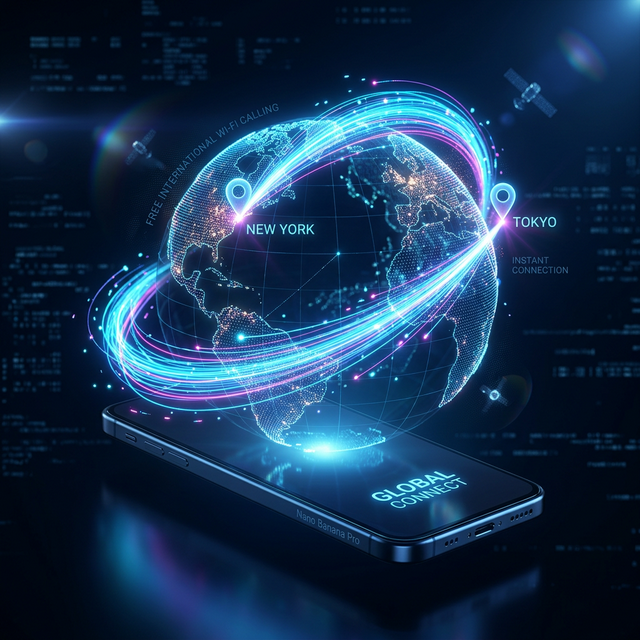 A 3D rendering of a smartphone projecting a digital globe illustrating free international Wi-Fi calling