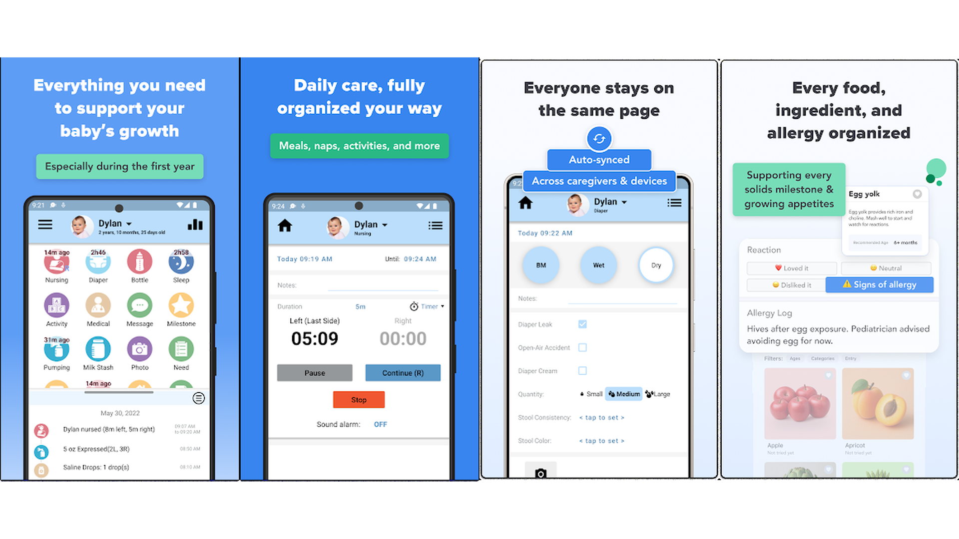 Baby Connect activity logger app screenshots showing tracking features
