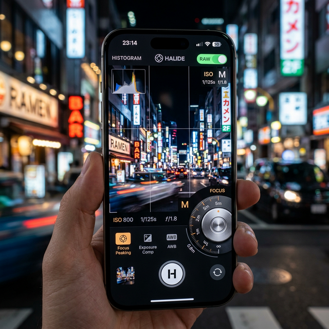 A crisp close up of an iPhone screen displaying the premium Halide camera app with manual focus and a live histogram