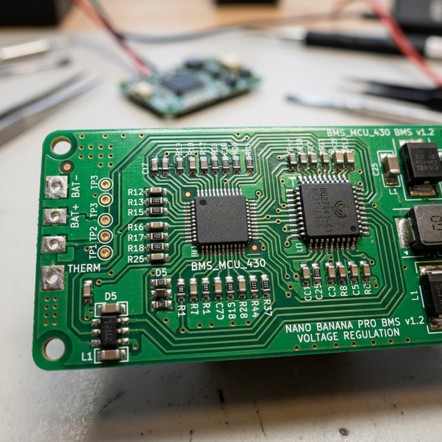 A crisp macro photograph of a smartphone Battery Management System (BMS) green printed circuit board