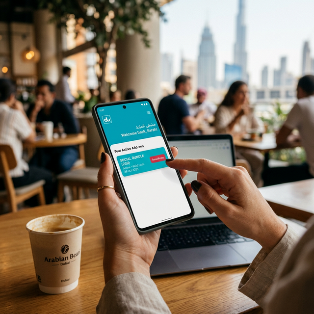 A person holding a smartphone showing the vibrant turquoise DU UAE mobile app dashboard to deactivate data