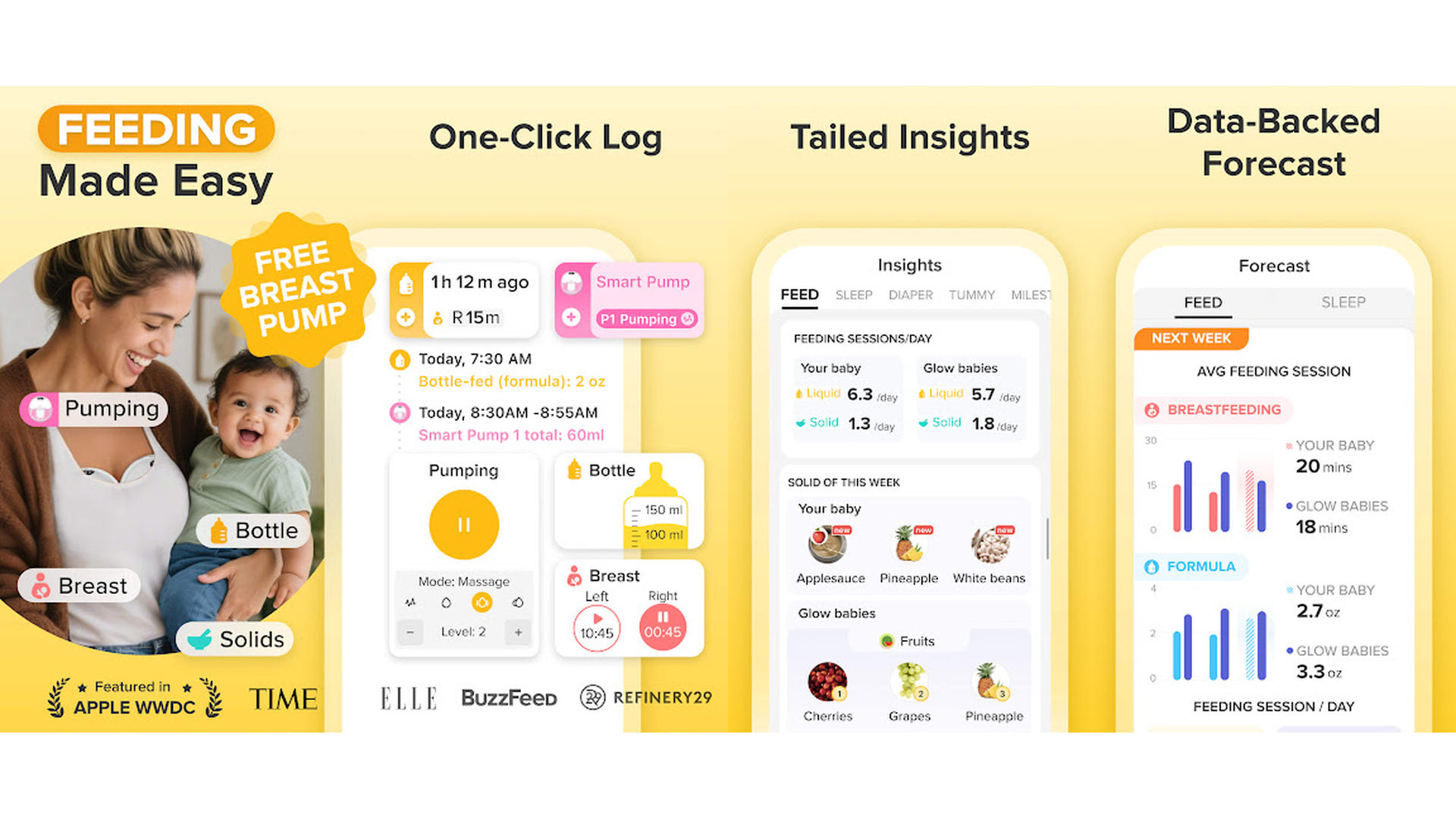 Glow Baby tracker app screenshots showing growth charts and feeding logs
