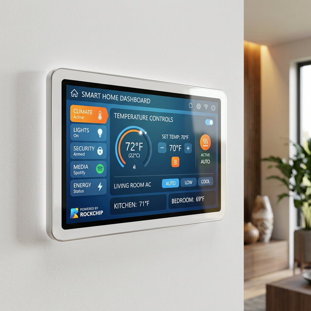 A futuristic smart home IoT touchscreen display mounted on a wall running efficiently on a Rockchip processing unit