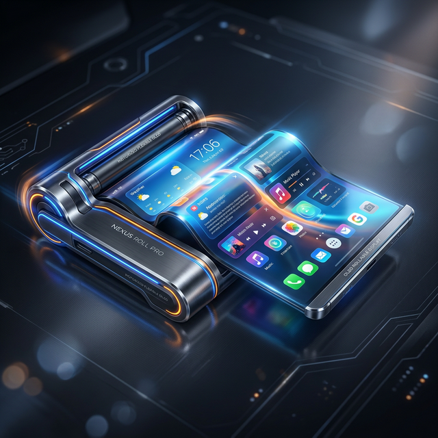 A futuristic motorized rollable smartphone expanding horizontally from a regular phone size into a mini tablet