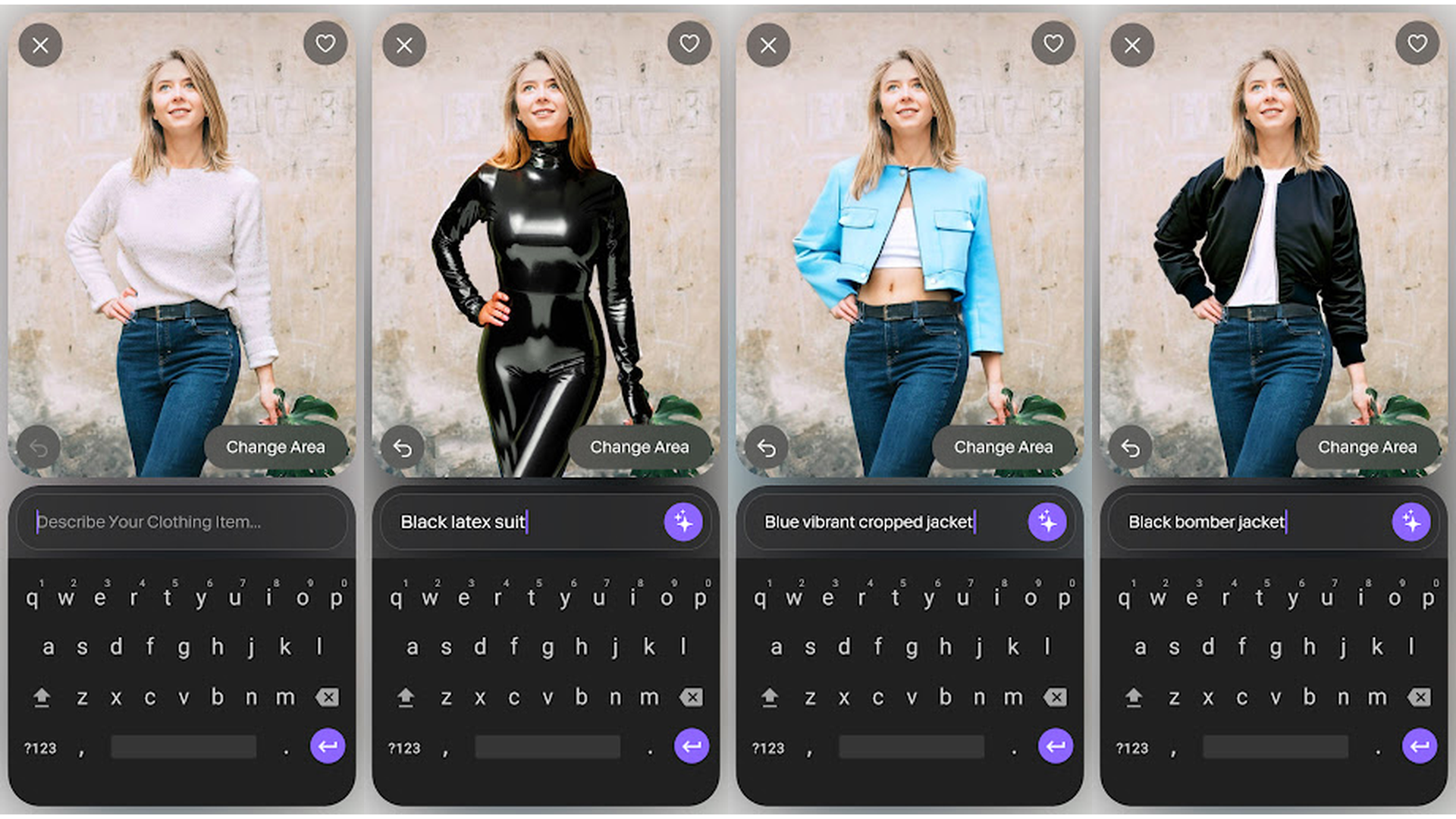 Letsy AI try on outfits app screenshots showing text-to-outfit feature