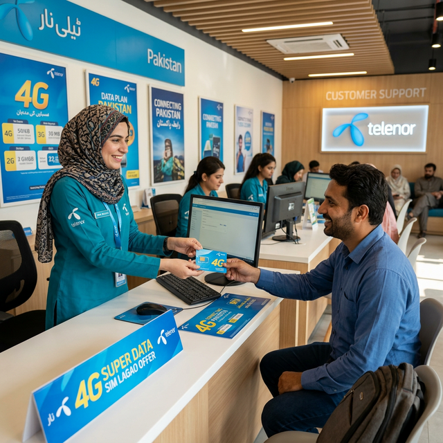 Ufone customer service franchise associate handing a telecom SIM card to a customer in Pakistan