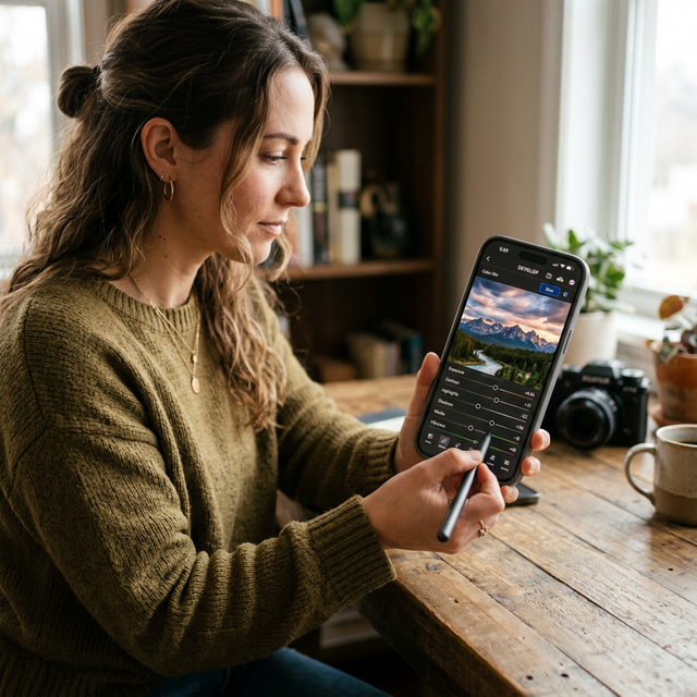 A user holding an iPhone and using a stylus to precisely adjust color grading sliders on Adobe Lightroom Mobile