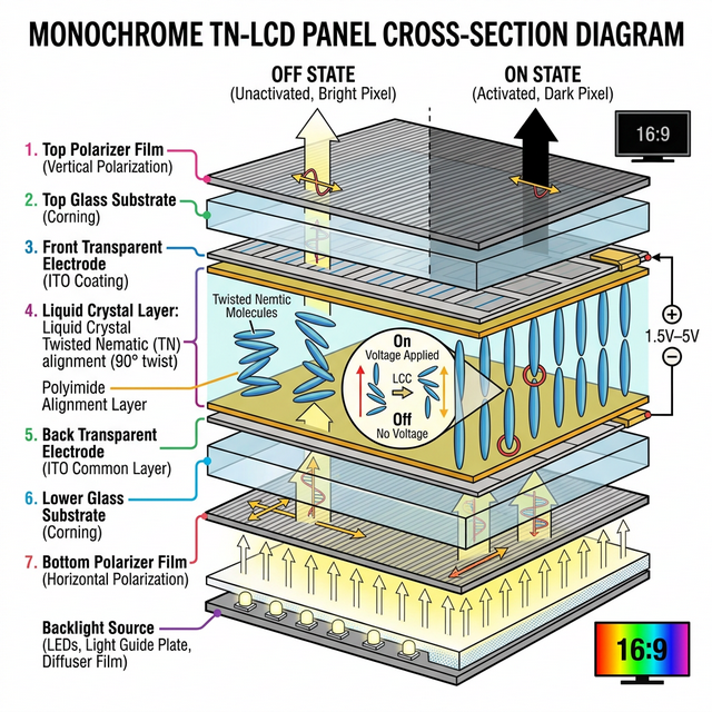 Cross-section diagram of monochrome LCD panel showing polarizer, glass, ITO electrode, liquid crystal, and backlight layers