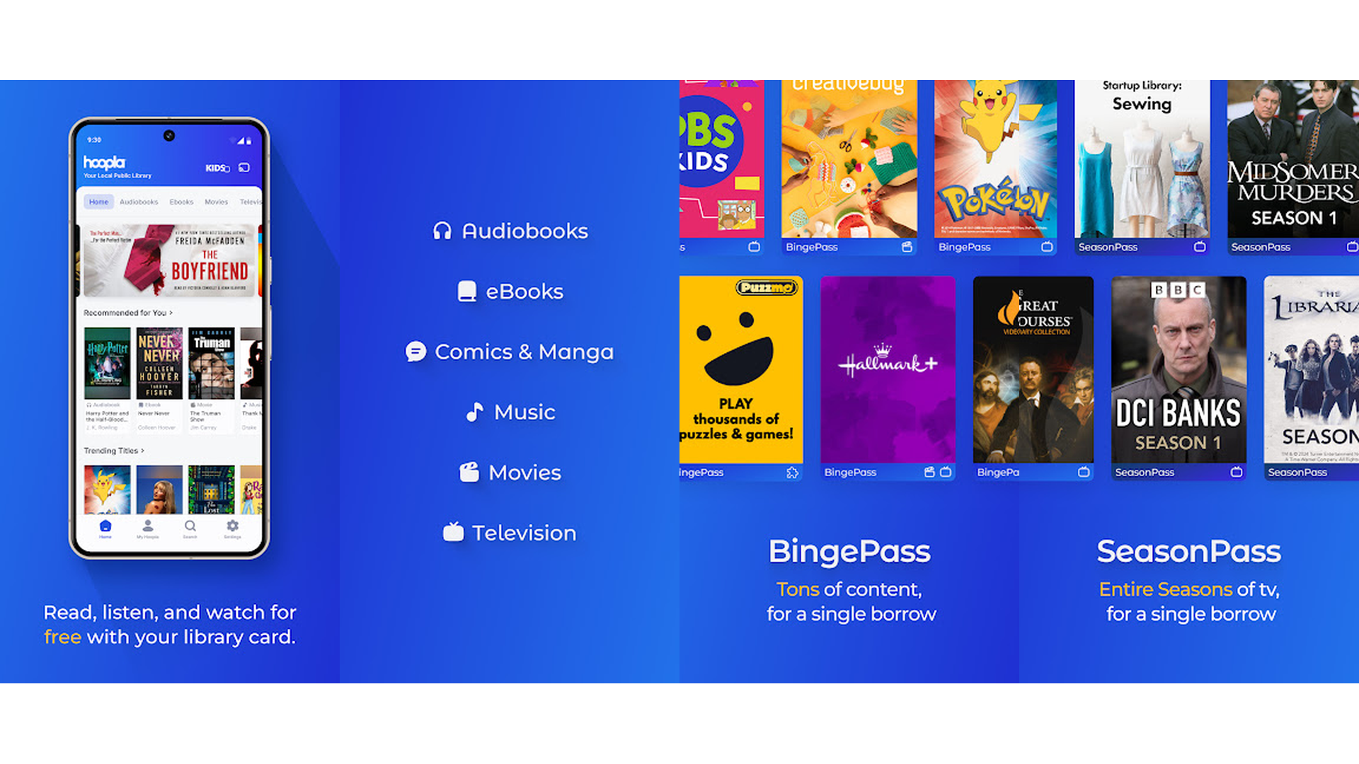 Hoopla Digital app screenshots showing comic library and reader interface