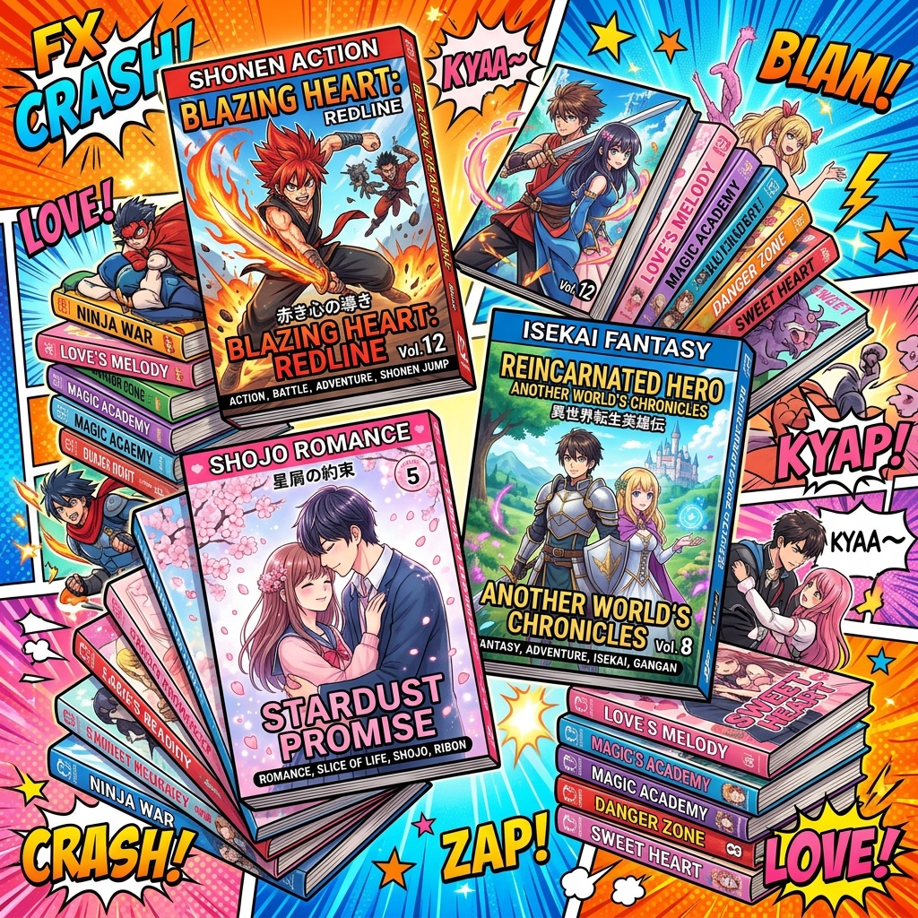 Popular manga genres including shonen shojo isekai displayed as stacked manga volumes