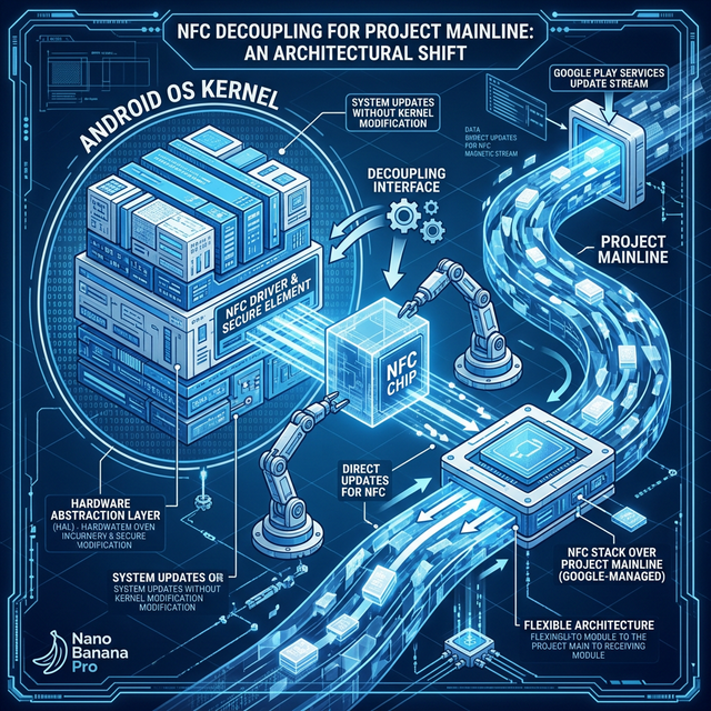 A detailed 3D infographic showing the NFC chip physically decoupling from the Android OS kernel into a Project Mainline update stream