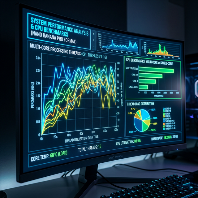 A monitor displaying complex CPU benchmark charts comparing multi-core processing threads of Zhaoxin CPUs