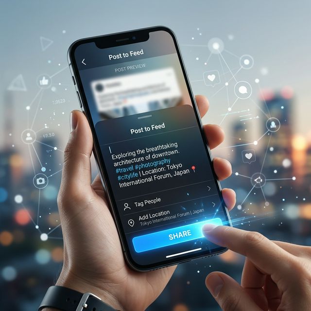 Clean mobile UI showcasing the final Instagram caption text box and blue share button