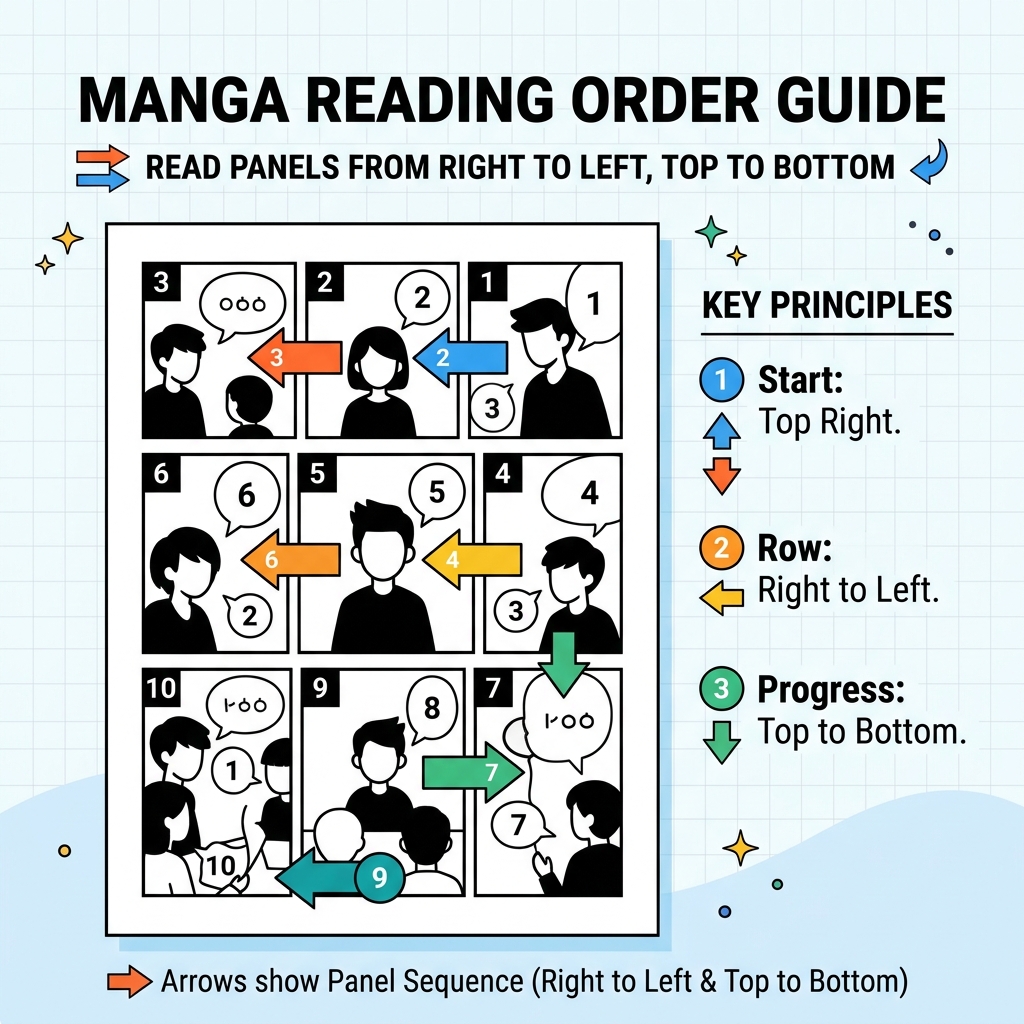 Manga panel reading order diagram showing right to left and top to bottom flow
