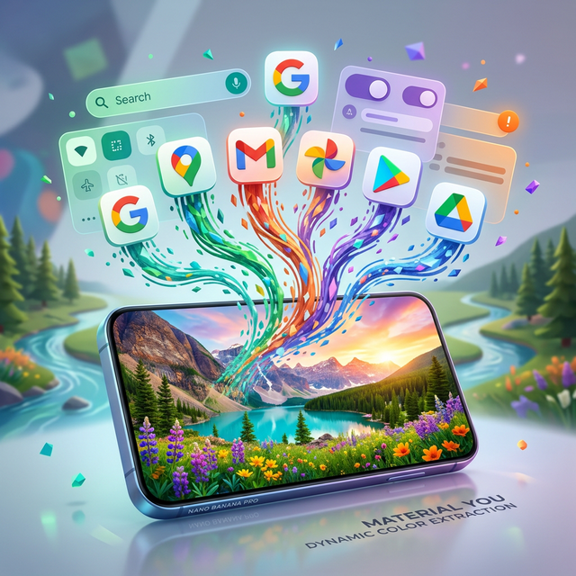 A conceptual illustration showing a vibrant wallpaper breaking down into dynamic UI color palettes representing Material You