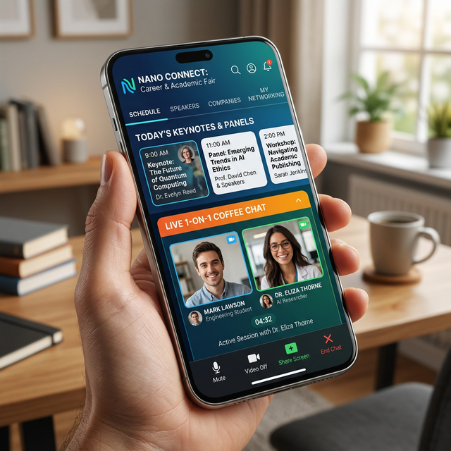 A smartphone displaying a virtual career fair and academic conference app interface with 1-on-1 coffee chats
